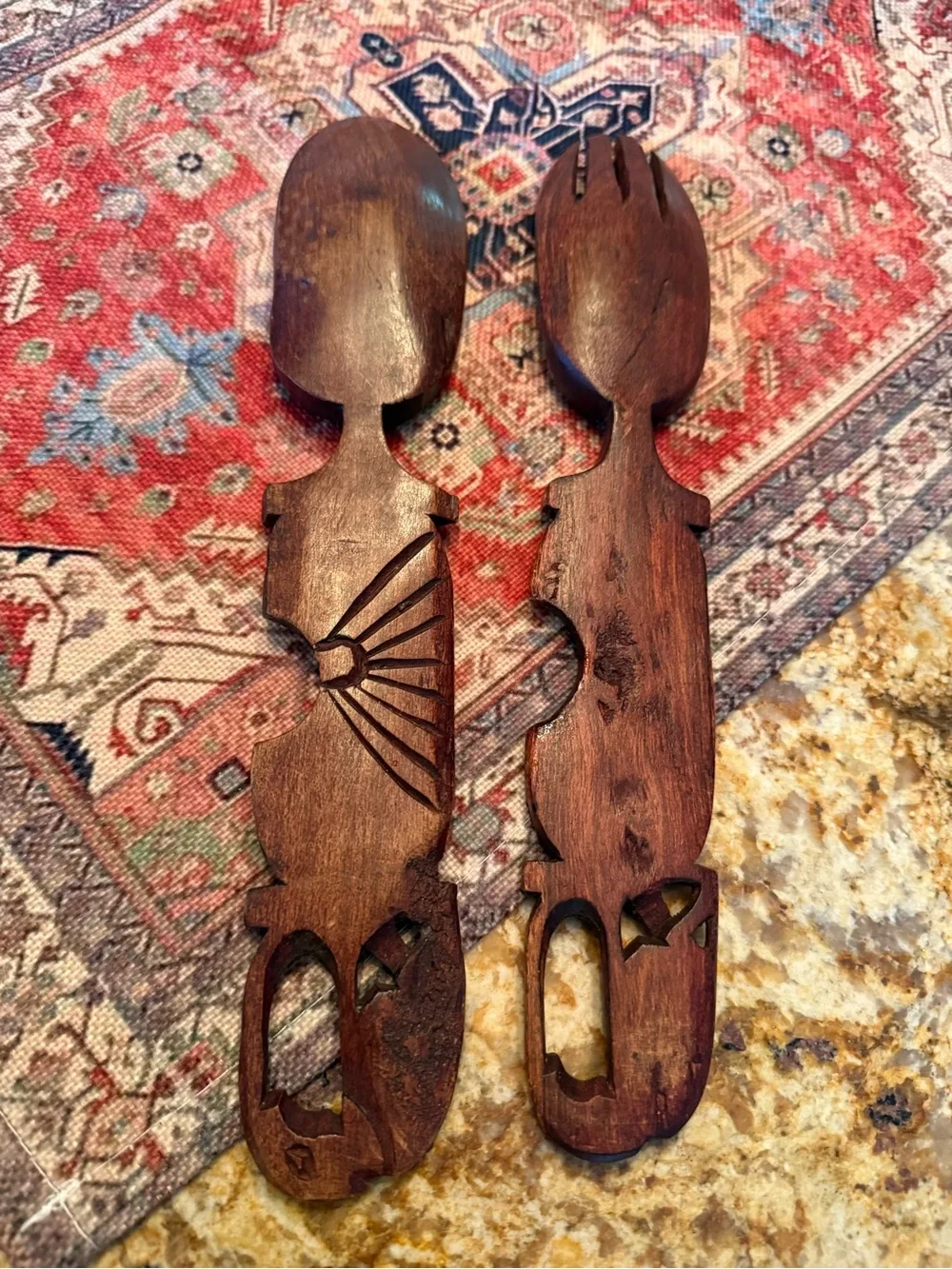Wooden Salad Spoon Fork Set Utensil Hand Carved 12 Inch